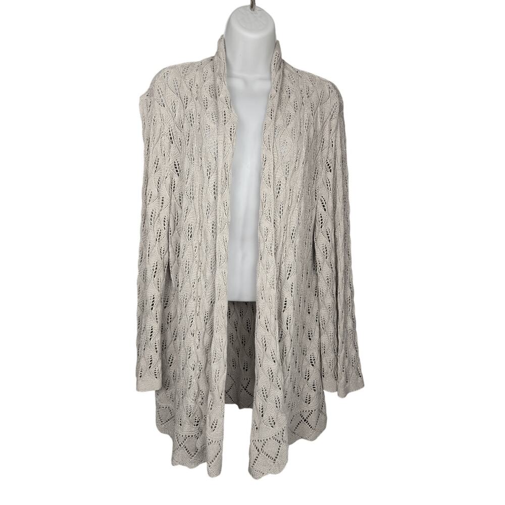 JM Collection Cardigan XL Beige Gold Metallic Linen Cotton Open Knit Duster